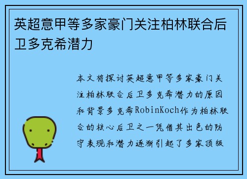 英超意甲等多家豪门关注柏林联合后卫多克希潜力