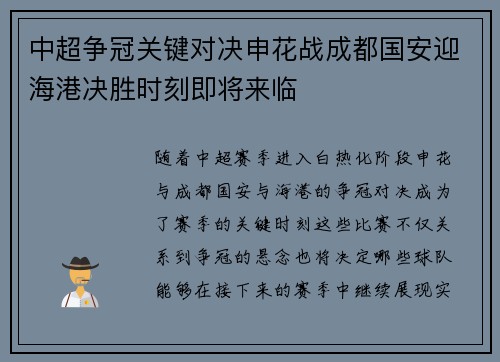 中超争冠关键对决申花战成都国安迎海港决胜时刻即将来临